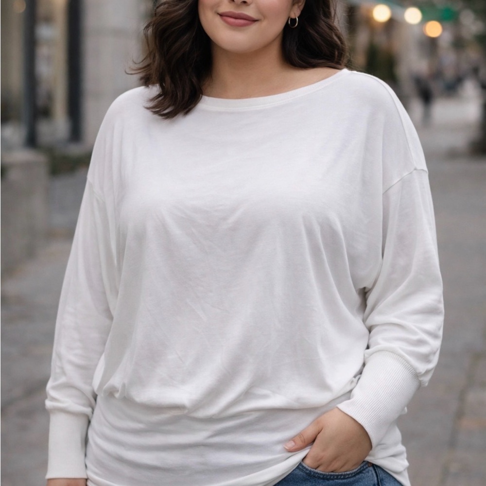 POETSKY- soft stretch knit , White Long Sleeve Top- long cuffs